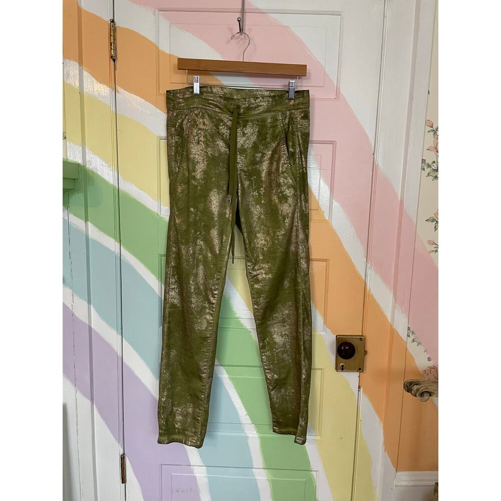 Alembika Size 2 Olive Metallic Foil Print Drawstring Stretch Pants